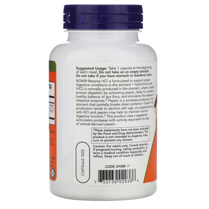 Натуральна добавка NOW Betaine HCl 648 mg, 120 вегакапсул