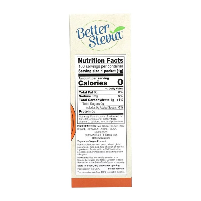 Заменитель питания NOW Better Stevia Packets Original, 100 пакетиков