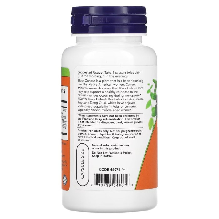 Натуральна добавка NOW Black Cohosh Root 80 mg, 90 вегакапсул