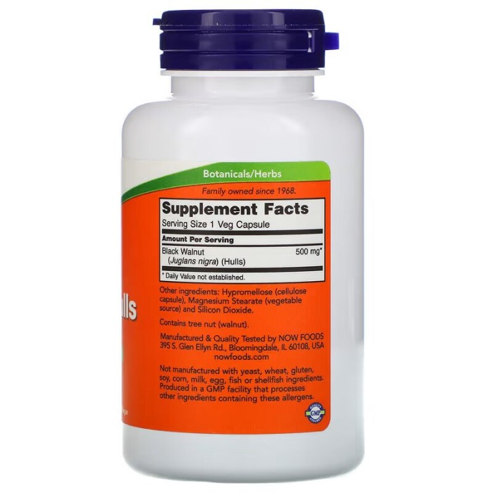 Естественная добавка NOW Black Walnut Hulls 500 mg, 100 капсул