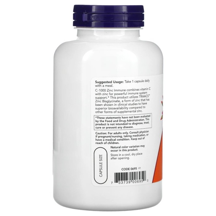 Вітаміни та мінерали NOW Vitamin C-1000 & Zinc Immune, 180 вегакапсул