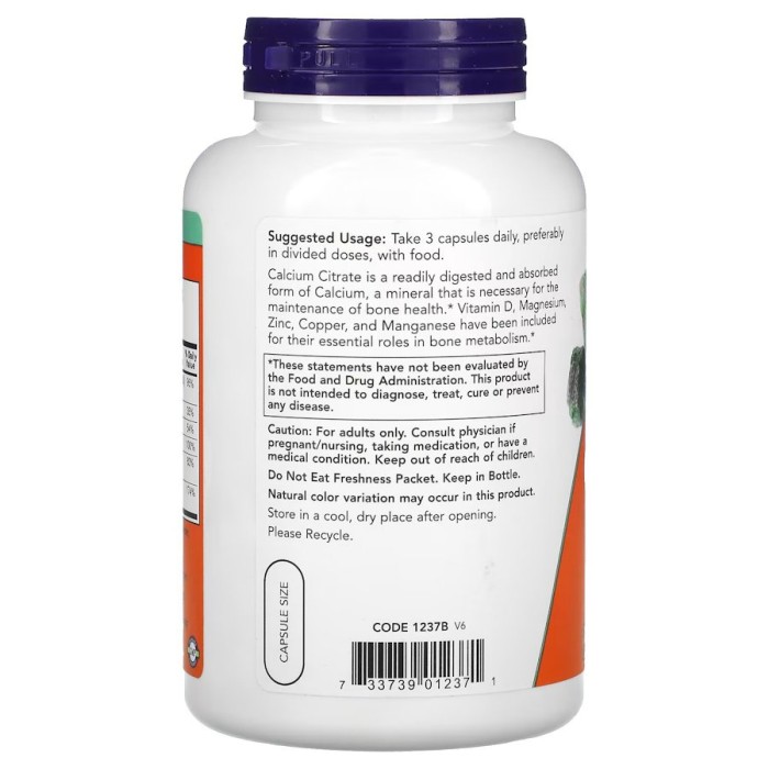 Вітаміни та мінерали NOW Calcium Citrate Caps, 240 вегакапсул