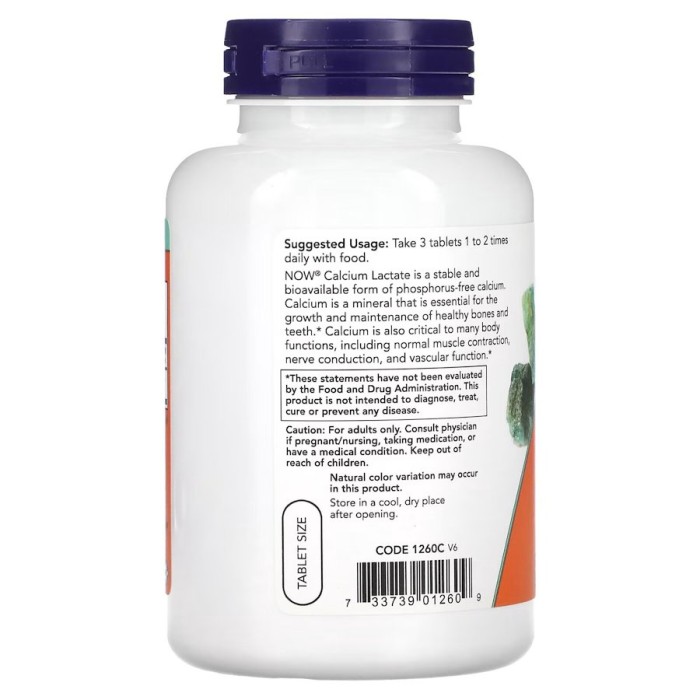 Вітаміни та мінерали NOW Calcium Lactate, 250 таблеток