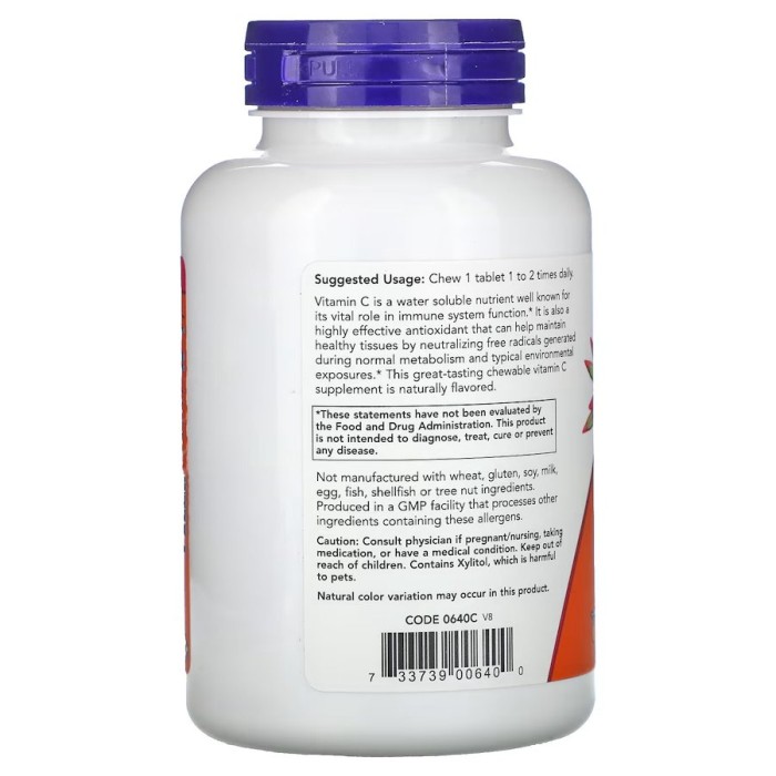 Вітаміни та мінерали NOW Vitamin C-500, 100 жувальних таблеток, вишня