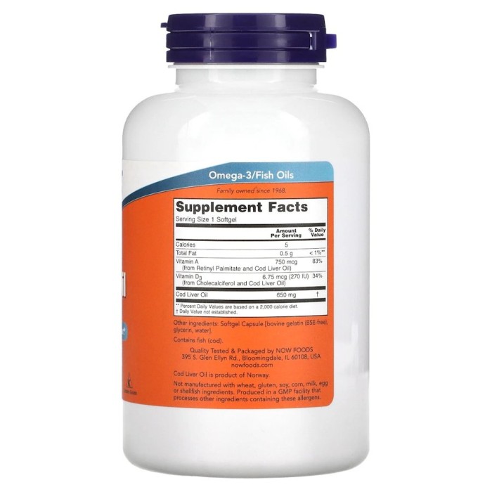 Жирні кислоти NOW Cod Liver Oil 650 mg, 250 капсул