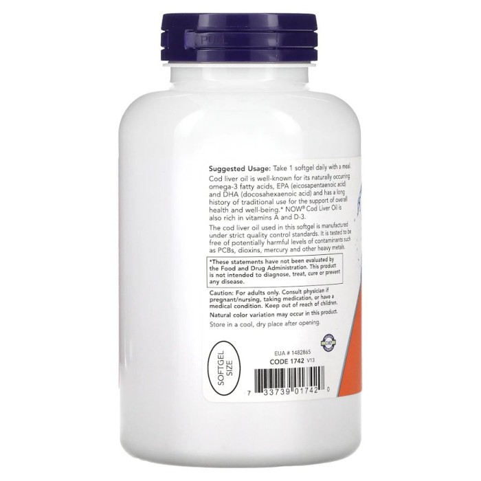 Жирні кислоти NOW Cod Liver Oil 650 mg, 250 капсул