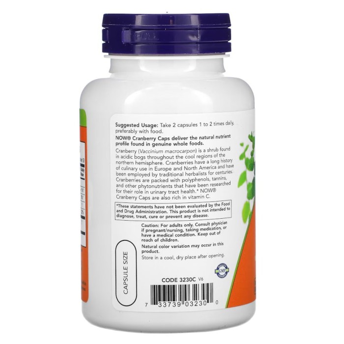 Естественная добавка NOW Cranberry Caps, 100 вегакапсул.