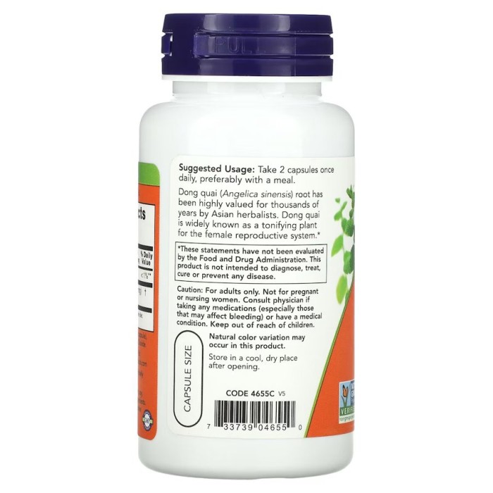 Натуральна добавка NOW Dong Quai 520 mg, 100 капсул