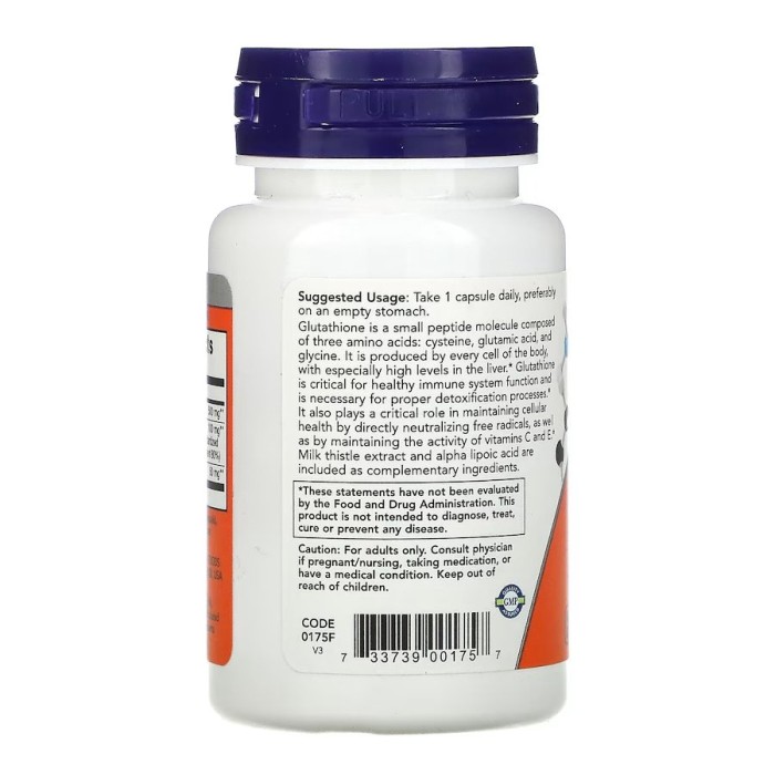 Амінокислота NOW Glutathione 500 mg, 30 вегакапсул