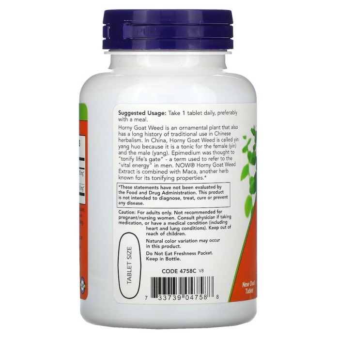 Натуральна добавка NOW Horny Goat Weed 750 mg, 90 таблеток