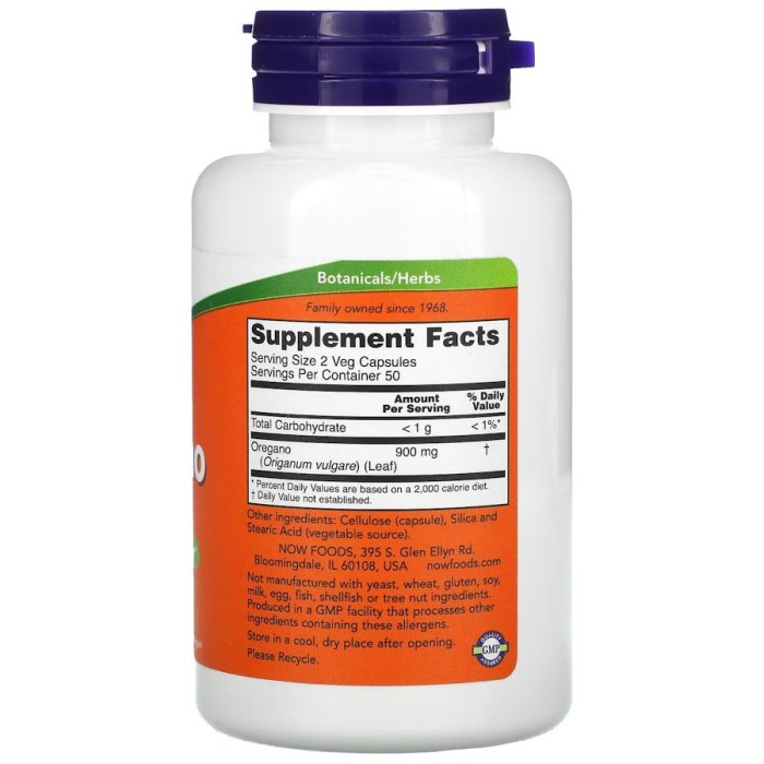 Натуральна добавка NOW Oregano 450 mg, 100 вегакапсул
