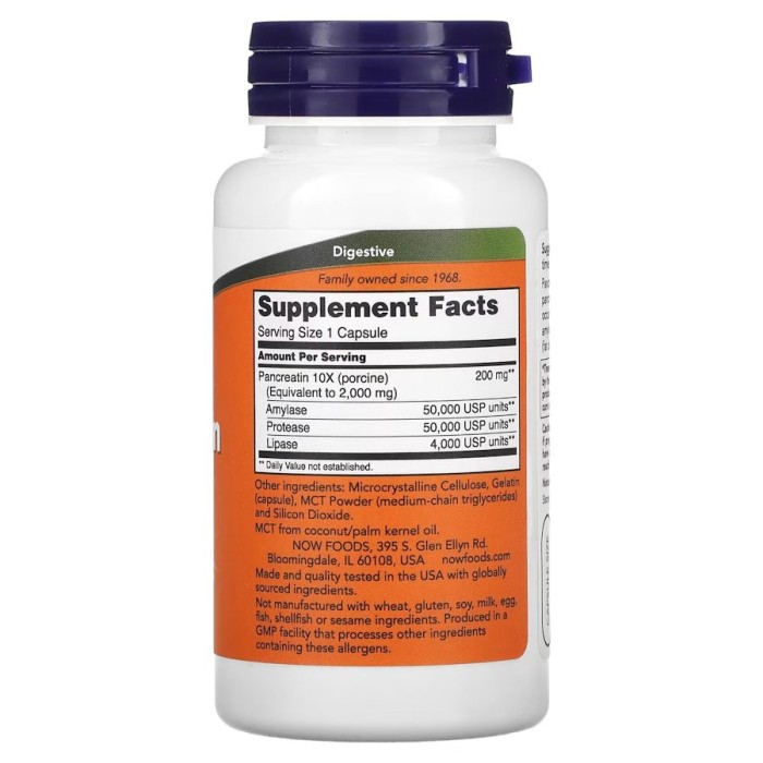Пробіотики і пребіотики NOW Pancreatin 2000, 100 капсул