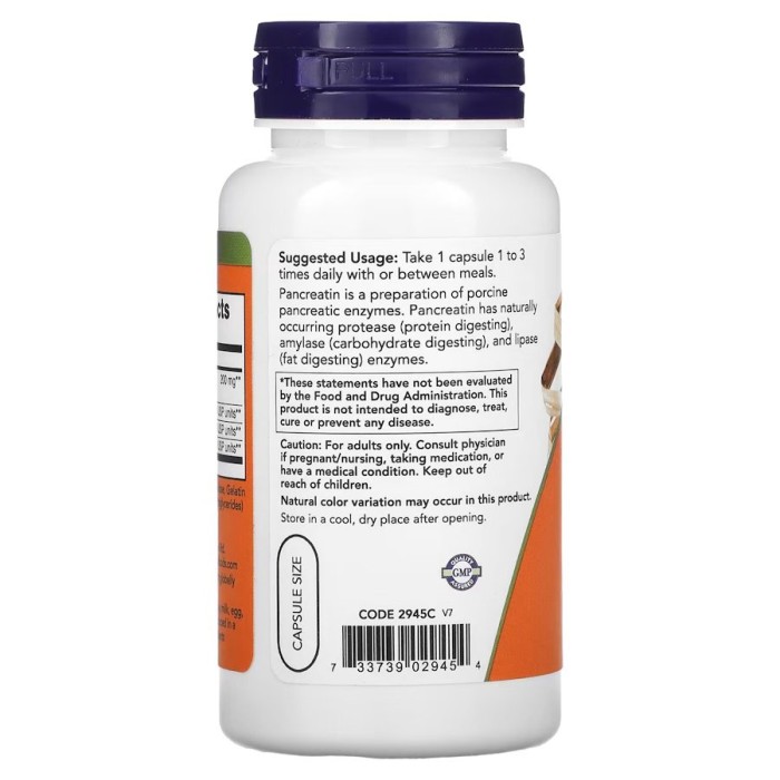 Пробіотики і пребіотики NOW Pancreatin 2000, 100 капсул