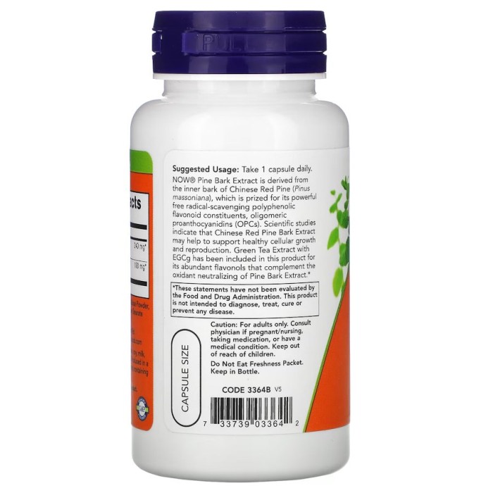 Натуральна добавка NOW Pine Bark Extract 240 mg, 90 вегакапсул