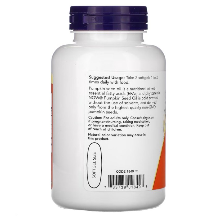 Натуральна добавка NOW Pumpkin seed oil 1000 mg, 100 капсул