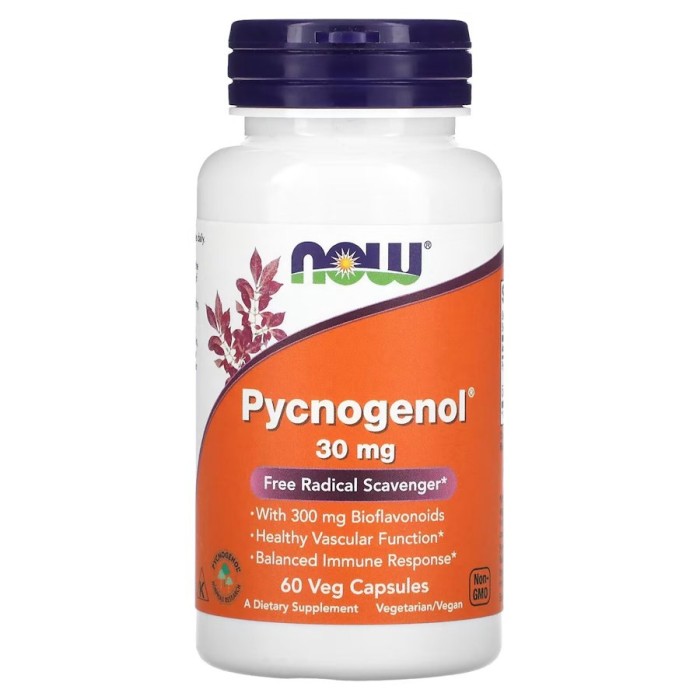 Натуральна добавка NOW Pycnogenol 30 mg, 60 вегакапсул