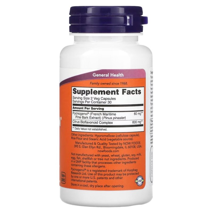 Натуральна добавка NOW Pycnogenol 30 mg, 60 вегакапсул