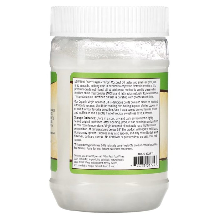 Заменитель питания NOW Organic Virgin Coconut Cooking Oil, 355 мл
