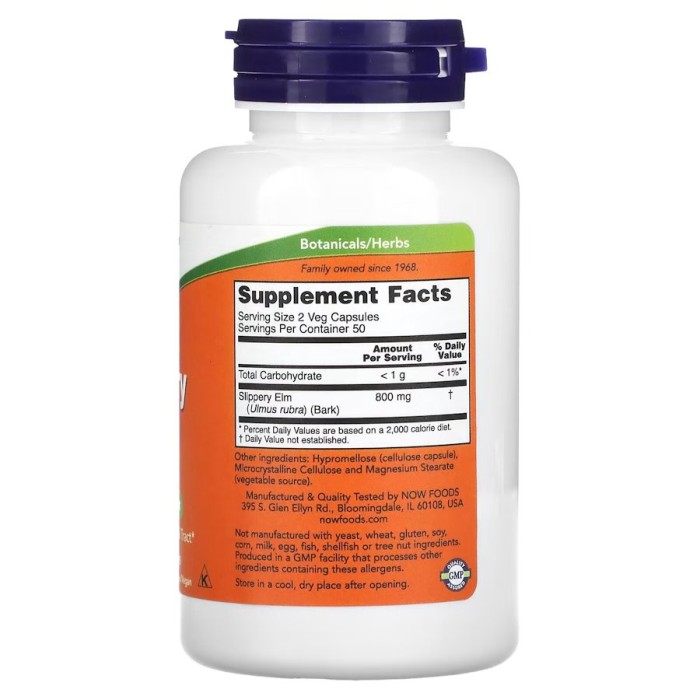 Натуральная добавка NOW Slippery Elm 400 mg, 100 вегакапсул.