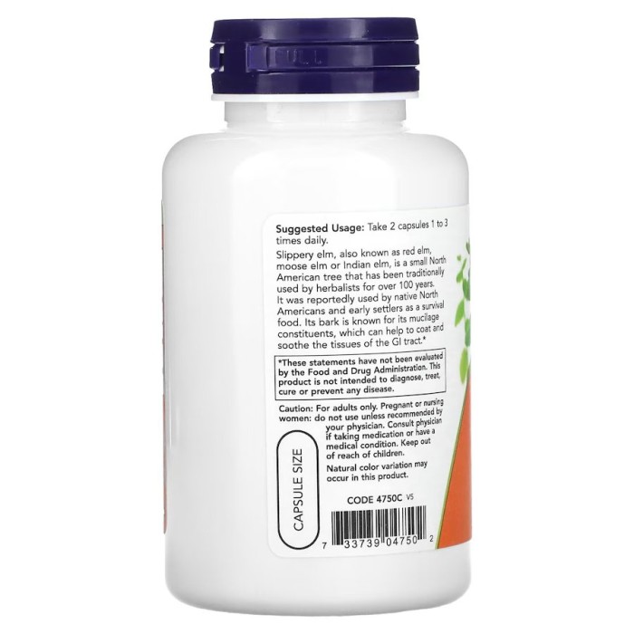 Натуральная добавка NOW Slippery Elm 400 mg, 100 вегакапсул.