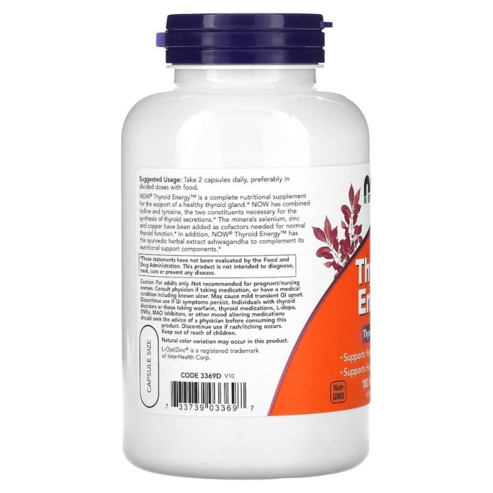 Натуральна добавка NOW Thyroid Energy, 180 вегакапсул