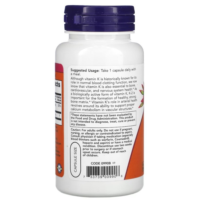 Вітаміни та мінерали NOW Vitamin K2 100 mcg, 100 вегакапсул