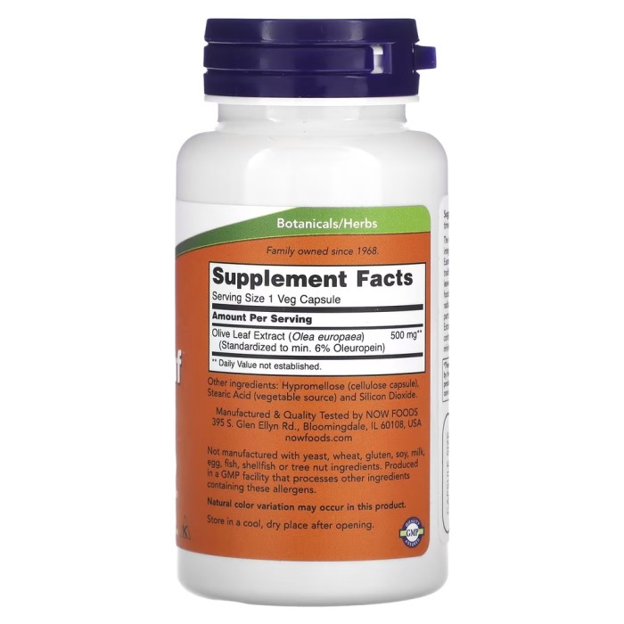 Натуральна добавка NOW Olive Leaf 500 mg, 60 вегакапсул