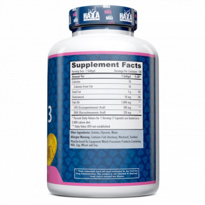Жирные кислоты Haya Labs Omega 3 1000 mg, 100 капсул
