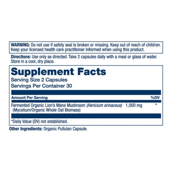 Органічна ферментована левова грива 1000 мг - 60 капсул
