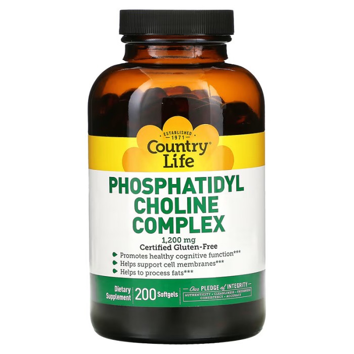 Вітаміни та мінерали Country Life Phosphatidyl Choline Complex, 200 капсул
