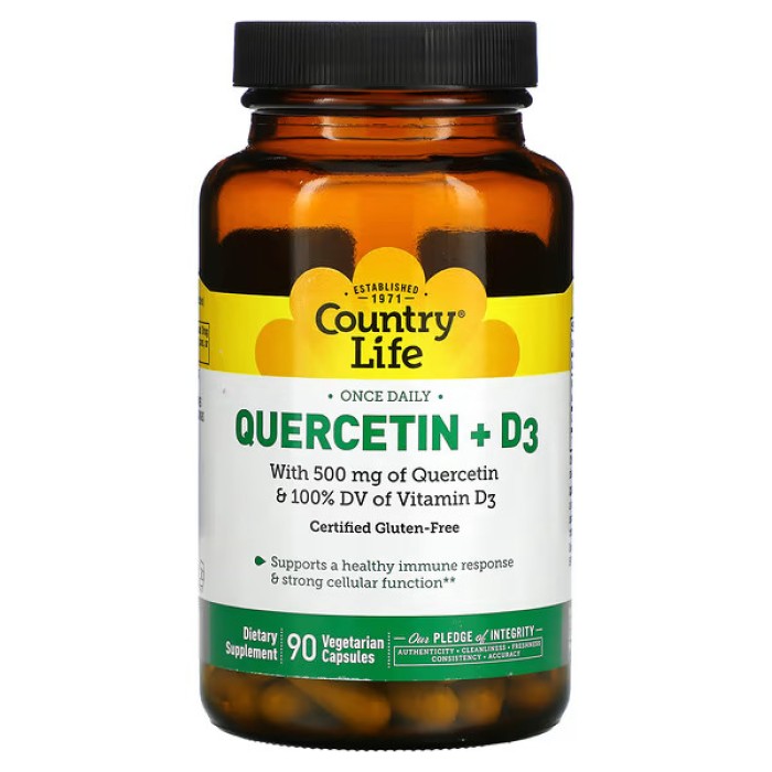 Натуральная добавка Country Life Quercetin+D3, 90 вегакапсул