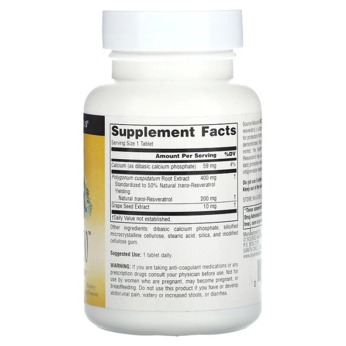 Натуральна добавка Source Naturals Resveratrol 200 mg, 60 таблеток