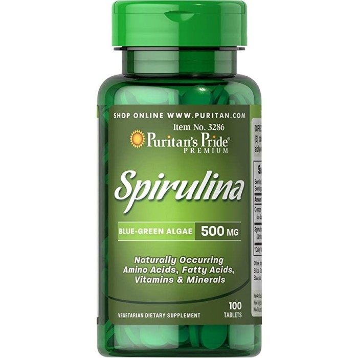 Натуральна добавка Puritan's Pride Spirulina 500 mg, 100 таблеток