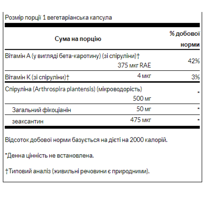 Спіруліна синьо-зелені алги 500 мг - 90 вегетаріанських капсул