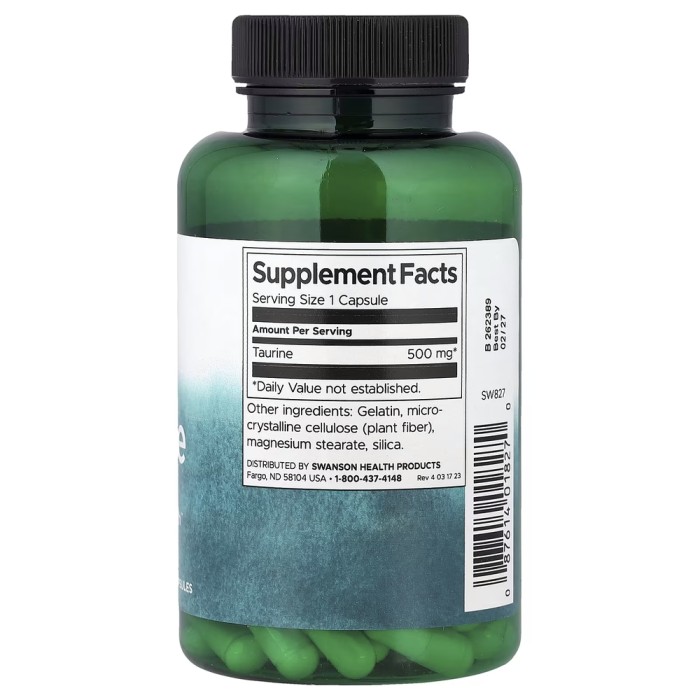 Аминокислота Swanson Taurine 500 mg, 100 капсул