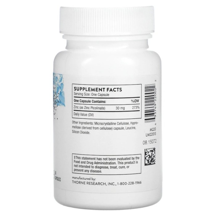 Витамины и минералы Thorne Zinc Picolinate 30 mg, 60 вегакапсул