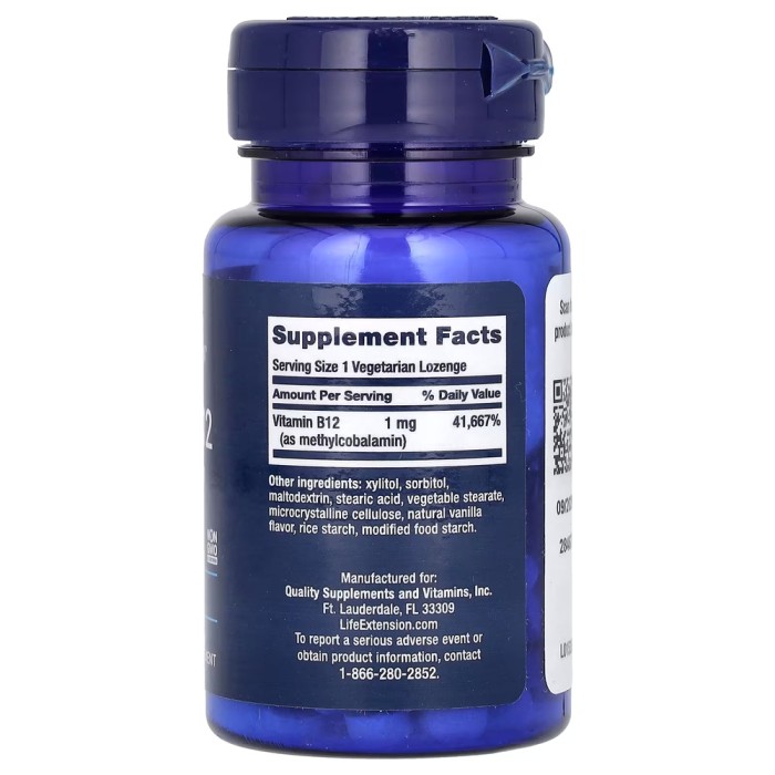 Вітаміни та мінерали Life Extension Vitamin B12 (Methylcobalamin) 1 mg, 60 пастилки