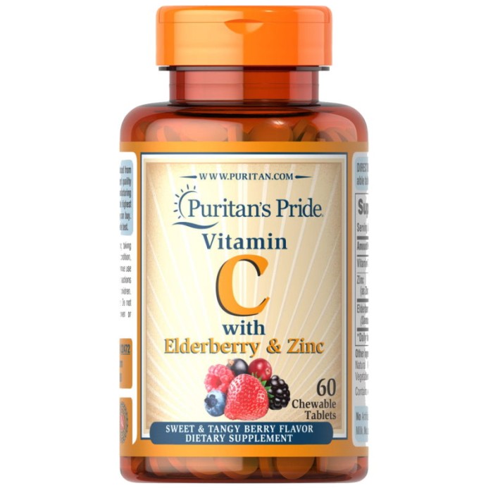 Витамины и минералы Puritan's Pride Vitamin C with Elderberry & Zinc, 60 жевательных таблеток