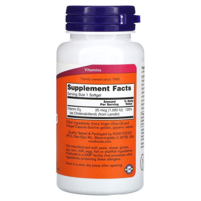 Вітаміни та мінерали NOW Vitamin D3 1000 IU, 180 капсул