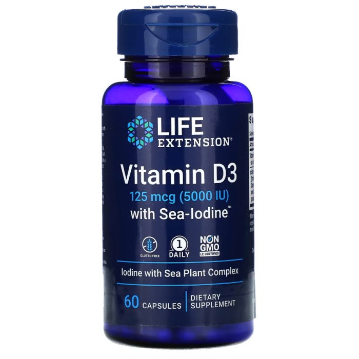 Вітаміни та мінерали Life Extension Vitamin D3 5000 IU with Sea-Iodine, 60 капсул