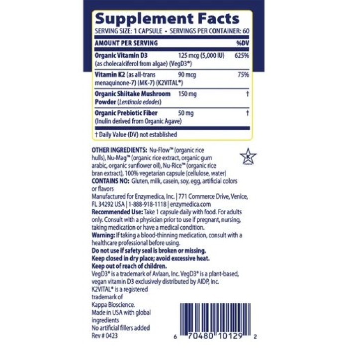 Витамины и минералы Enzymedica Vitamin D3 + Vitamin K2, 60 капсул