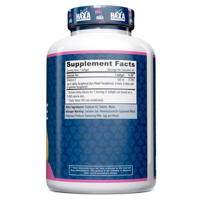Вітаміни та мінерали Haya Labs Vitamin E 400 IU Mixed Tocopherols, 60 капсул