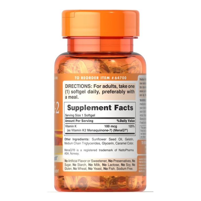 Вітаміни та мінерали Puritan's Pride Vitamin K-2 (MenaQ7) 100 mcg, 30 капсул