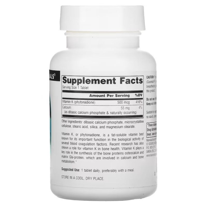 Вітаміни та мінерали Source Naturals Vitamin K 500 mcg, 200 таблеток