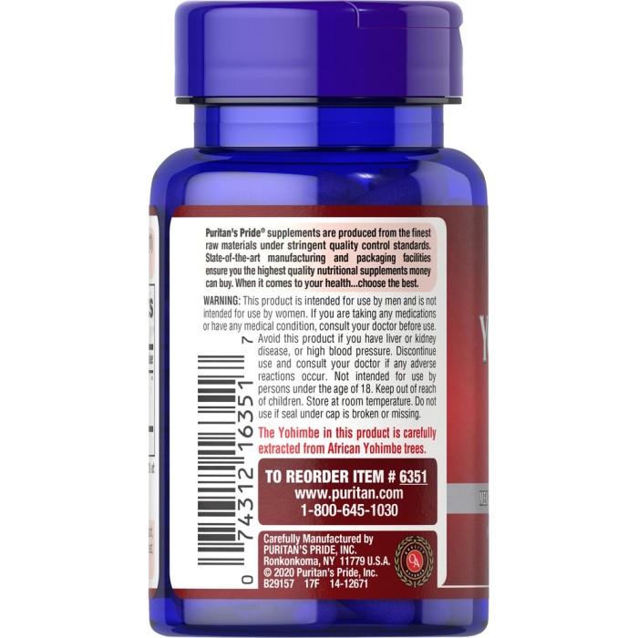 Стимулятор тестостерону Puritan's Pride Yohimbe Extract, 50 капсул