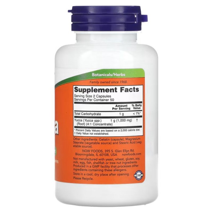 Естественная добавка NOW Yucca 500 mg, 100 капсул